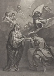 Plåt 6: Sankt Josefs dröm, med Jungfru Maria till vänster och en ängel ovanför som pekar ..., 1777