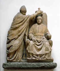 Kardinal Latino di Carlo Orsini (1410-1477) kröner Ferdinand II av Aragonien (1452-1516). Marmorskulptur av Benedetto da Maiano (1442-1497). Florens, Museo Nazionale del Bargello