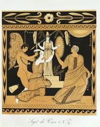 Ajax The Lesser kränker Cassandra vid foten av Athenas staty (tryck)