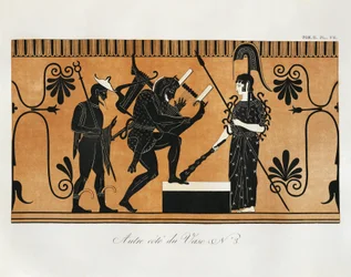 Scen från antik grekisk vas med Herakles som spelar lyra framför Athena med Hermes stående bakom sig av Piringer (efter grekiskt original), gravyr