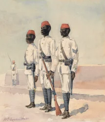 Sergeant och två andra ranger från den 10:e sudanesiska bataljonen, ca 1889 (akvarell)