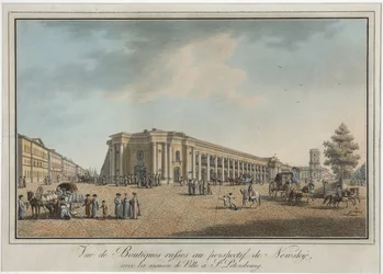 Nevsky Prospekt (perspektiv Nevski) nära den stora Gostiny Dvor och stadsduman i Sankt Petersburg - Benjamin Paterssen (1748-1815). Etsning, akvarell, efter 1802. Statens museum för Sankt Petersburgs historia