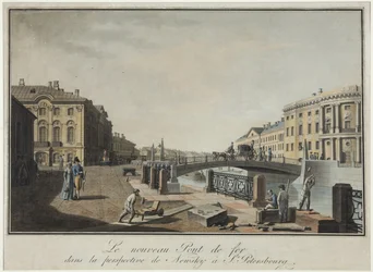 Utsikt över den gröna bron i Sankt Petersburg - Benjamin Paterssen (1748-1815). Etsning, akvarell, efter 1808. Statens museum för Sankt Petersburgs historia