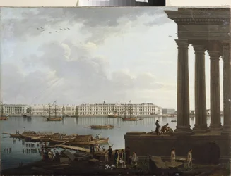 Utsikt över vinterpalatset och börsen i Sankt Petersburg. Målning av Benjamin Paterssen (1748-1815), olja på duk