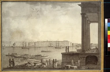 Utsikt över vinterpalatset och börsen i Sankt Petersburg. Verk av Benjamin Paterssen (1748-1815), penna och bläck på papper, ca 1790. Svensk konst