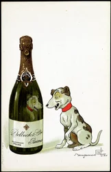 Kartong för champagne "" Delbeck et Cie, Reims", illustration av Benjamin Rabier (1864-1939), sd. tidigt 1900-tal.