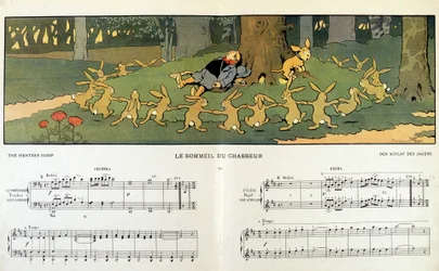 Kaniner som rundar runt en sömnig jägare - i "" Les images en musique"" av Jane Vieu, illustrerad av Benjamin Rabier (1864-1939)