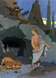 Orpheus och hans lyra sövde Cerbère hunden med tre huvuden