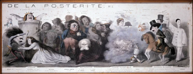 Le grand chemin de la postity: representation av tragedi och komedi (Dorval, etc...) - Litografi av Benjamin Roubaud, Maison de Balzac, Paris