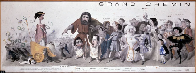 Le grand chemin de la postity: representation av tragedi och komedi - Litografi av Benjamin Roubaud, Maison de Balzac, Paris