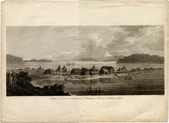 Utsikt över staden och hamnen i Petropavlovsk-Kamchatsky från resan till Stilla havet, 1785