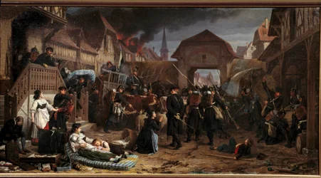 1870 års krig: "" Rekvisitionerna vid Reichshoffen"" Slaget vid Froeschwiller Woerth (Froeschwiller-Woerth) (eller slaget vid Reichshoffen) den 06/08/1870 såg Preussens seger - Målning av Benjamin Ullmann (1829-18184) 187 Nancy, Musee historique Lorrai