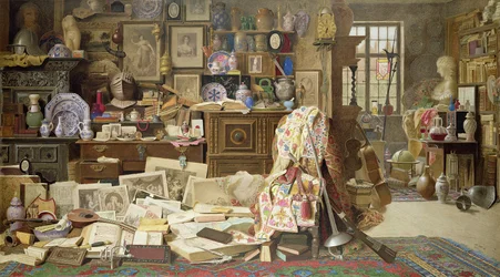 Pansar, tryck, bilder, rör, Kina (Alla Crackd) Gamla rangliga bord och stolar trasiga ryggar, 1882 (wc med kroppsfärg på papper)