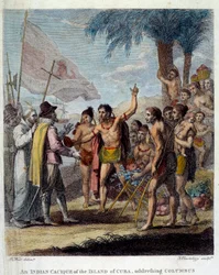En indisk Cacique från ön Kuba välkomnar Christopher Columbus (1451-1506) och europeiska militära och kyrkliga företrädare för att diskutera skapandet av en ny stat. Frontispice av "Civil and Commercial History of the British Colonies of the W