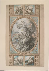 Design för takdekorationen av Royal Chapel, Windsor Castle (recto), c.1779 (svart krita, penna & brunt bläck & akvarell, förhöjd med inslag av vit, grå & blå kroppsfärg & brun tvätt