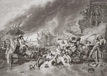Slaget vid La Hogue, förstörelse av den franska flottan, 22 maj 1692, från "Illustrationer av engelsk och skotsk historia" volym II