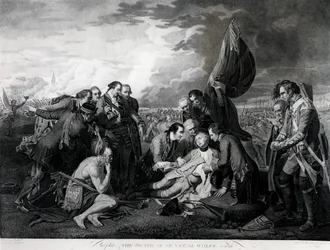 General Wolfes död (1727-59) 1759, graverad av Augustin Legrand (gravyr) (bundw-foto) (se även 105409, 124902 och 153197)