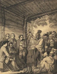 Indianerna håller ett föredrag till överste Bouquet i en konferens vid en rådsbrand nära hans läger på stranden av Muskingum i Amerika, i oktober 1764, 1765