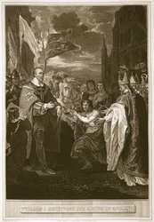 William I tar emot Englands krona, graverad av George Noble, illustration från David Humes "The History of England", pub. av R. Bowyer, London, 1812