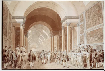 Utsikt över Napoleon I:s brudkorteg (1769-1821) med ärkehertiginnan Marie Louise av Habsburg-Lorraine (1791-1847), 1810-04-02 i Grande Galerie du Louvre-tryck av Benjamin Zix (1772-1811) 1810 Dim. 0,4x0,6 m Paris, Louvren