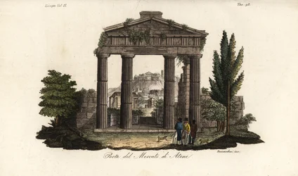 Ruinerna av porten till Athena Archegetis, vid Roman Agora eller Forum Romanum, Aten, Grekland