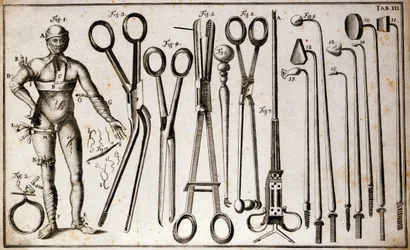 Olika typer av pincett och kirurgiska instrument. En man som bär olika typer av turneringar och bandage. Operationsplatta illustrerad av Benoist Louis Prevost (1735-1809). 1700-talet