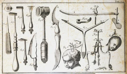 Kirurgisk tavla som representerar olika typer av kirurgiska instrument, hammare, pilgrimsmussla, knivar, för borttagning av hjärnan. Gravyr av Benoit Louis Prevost (1735-1809) 1700-talet