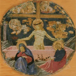 Tillskriven Benozzo Gozzoli - Smärtornas man med den sörjande jungfrun, Johannes evangelisten och passionssymboler, ca 1447