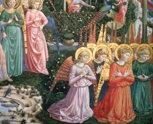 Änglar i ett himmelskt landskap, absidens vänstra vägg, från the Journey of the Magi-cykeln i kapellet, ca 1460 freskdetalj av 70610