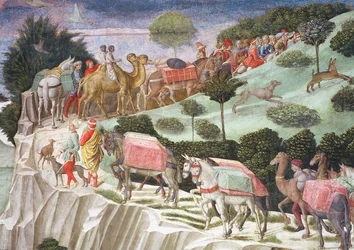 Karavan med flockdjur som klättrar på en kulle, detalj från cykeln Journey of the Magi i kapellet, ca 1460 freskdetalj av 70601