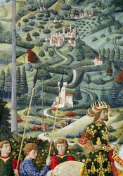 Fantastiskt landskap, detalj ur cykeln De tre vise männens resa i kapellet, omkring 1460