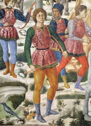 Liveried bågskyttar, detalj från Journey of the Magi-cykeln i kapellet, ca 1460 freskdetalj av 70630