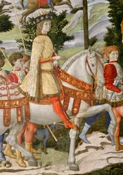 Lorenzo de Medici, den magnifika 1449-92, som en av de tre kungarna, detalj från cykeln Journey of the Magi i kapellet, ca 1460 freskdetalj av 70619