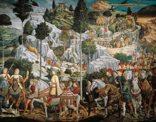 De tre vise männens procession till Betlehem, av Benozzo Gozzoli (1420-1497), fresk, tempera och olja på vägg, kapellet i Palazzo Medici Riccardi, Florens