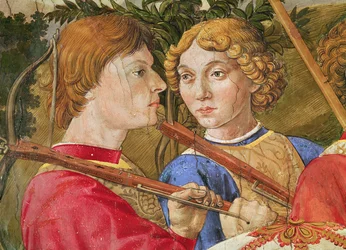 De vise männens procession, procession ledd av Lorenzo den magnifike i gestalten av magikern Kaspar, detalj av huvudena på två armborstskyttar, 1459-1462