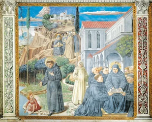 S:t Augustinus ger munkar härskare och pratar med Jesusbarnet om den heliga treenigheten, detalj från berättelser om St. Augustinus