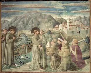 St Francis predikar för fåglarna och välsignar Montefalco, 1452