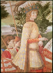 The Procession of the Magi, processionen ledd av Lorenzo the Magnificent i skepnad av Magus Caspar, detalj av Lorenzo de