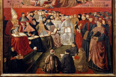 Den helige Thomas av Aquinos triumf (1225-1274) Detalj som representerar påven Sixtus IV (1414-1484) som presiderar över ett råd i närvaro av den helige Thomas av Aquino och den helige Bonaventure (som han invalde). Målning av Benozzo di Lese di Sandro dit