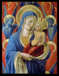 Jungfru och barn med änglar, ca 1460 (bladguld och tempera på träpanel)