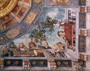 Damer, musiker och amoriner på balkongen, detalj av takfresk, av Garofalo (1481-1559), Skattkammare, Ludovico il Moro-palatset eller Costabili-palatset, Ferrara, Italien