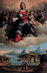Madonna och barn i ära med helgonen Anthony av Padua och Franciskus