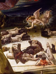 En ängel och herdar, detalj ur altartavlan Födelsekyrkan, av Benvenuto di Giovanni (1436-ca 1518), målning på trä.
