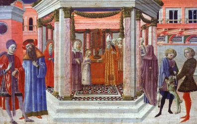 Presentation av Maria vid templet, detalj av predella av Benvenuto di Giovanni (1436-1518)