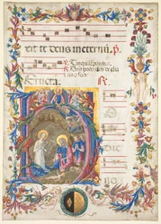Single Leaf from an Antiphonary: Initial H[odie nobis] med The Nativity, 1471.