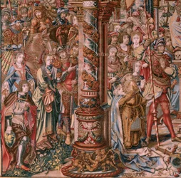 flamländsk gobeläng. Serien The Honours. Tro (La Fe). Första gobelängen i serien. Modelltecknare från Bernard van Orleys och Jan Gossaerts krets (Mabuse). Tillverkning Pieter van Aelst, Bryssel. Ca 1550. Tyg Guld, silver, siden och ull.