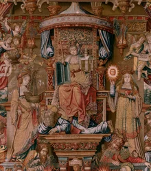 flamländsk gobeläng. Serien The Honours. Tro (La Fe). Första gobelängen i serien. Modelltecknare från Bernard van Orleys och Jan Gossaerts krets (Mabuse). Tillverkning Pieter van Aelst, Bryssel. Ca 1550. Tyg Guld, silver, siden och ull.