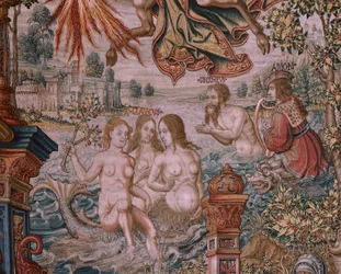 flamländsk gobeläng. Serien The Honours. Fame (La Fama). Tredje tapeten i serien. Modelltecknare från Bernard van Orleys och Jan Gossaerts krets (Mabuse). Tillverkning Pieter van Aelst, Bryssel. Ca 1550. Tyg Guld, silver, siden och ull.