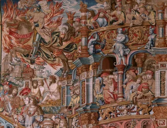 flamländsk gobeläng. Serien The Honours. Fame (La Fama). Tredje tapeten i serien. Modelltecknare från Bernard van Orleys och Jan Gossaerts krets (Mabuse). Tillverkning Pieter van Aelst, Bryssel. Ca 1550. Tyg Guld, silver, siden och ull.