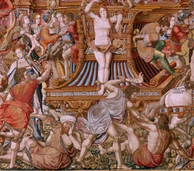 flamländsk gobeläng. Serien The Honours. Infamy (La Infamia). Sjätte gobelängen i serien. Modelltecknare från Bernard van Orleys och Jan Gossaerts krets (Mabuse). Tillverkning Pieter van Aelst, Bryssel. Ca 1550. Tyg Guld, silver, siden och ull.
